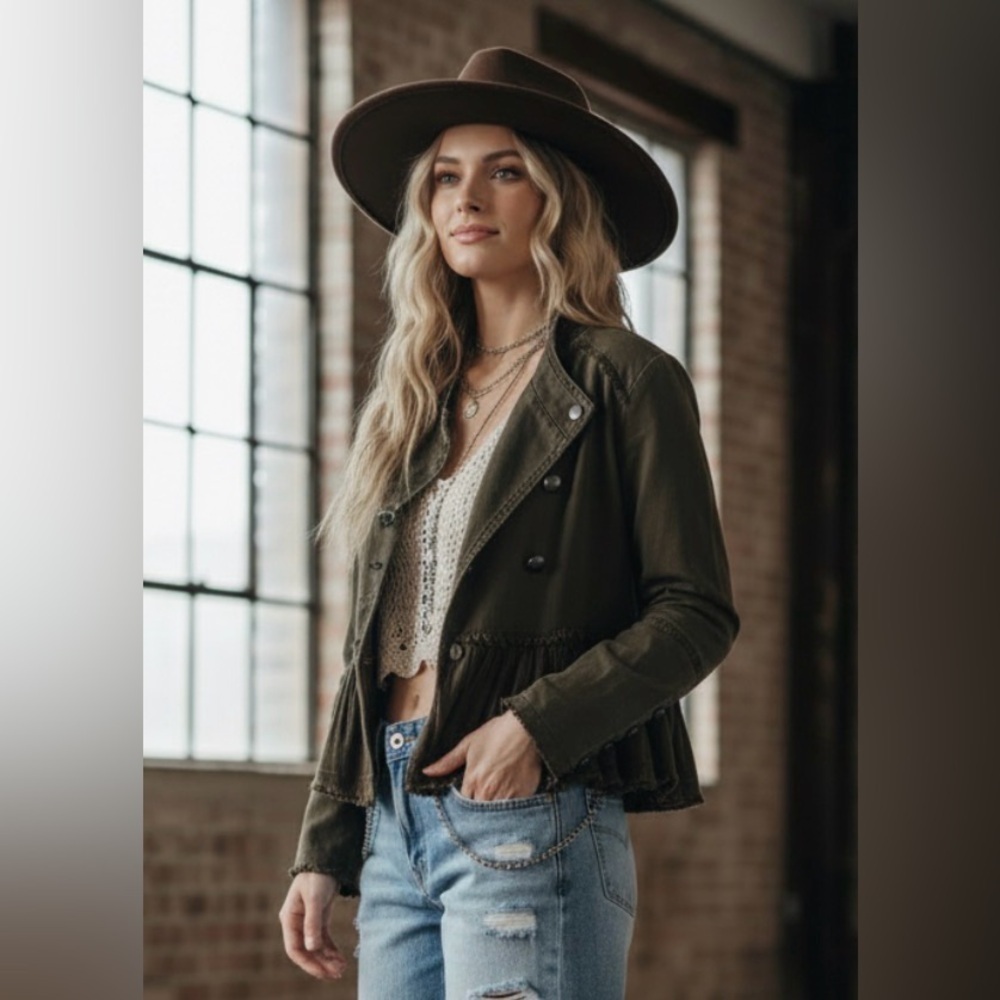 New Free People Flared Ruffle Hem Military Button Jacket Olive Army Green - Picture 4 of 13